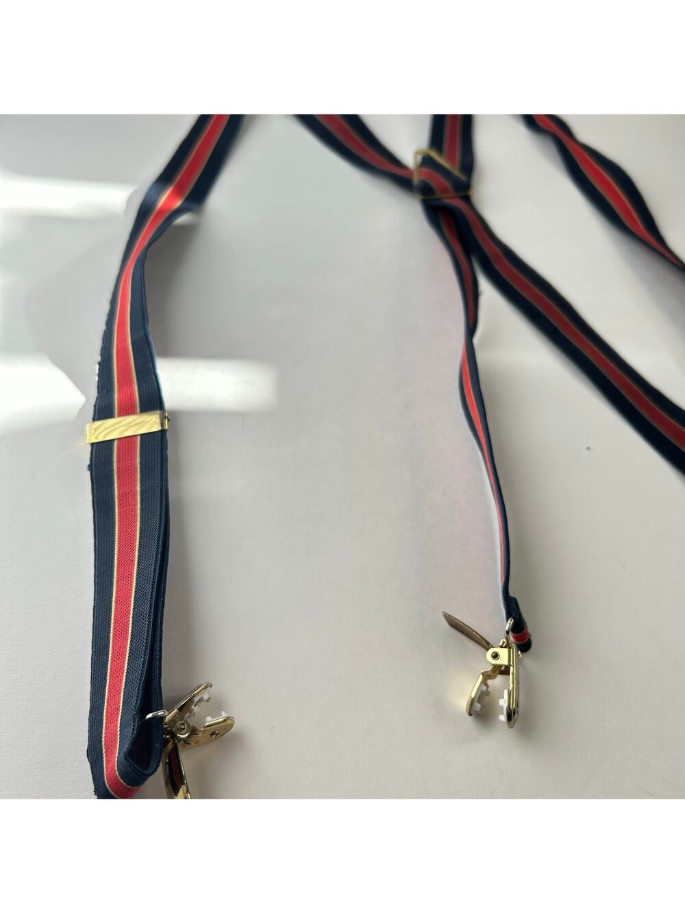 Vintage Elastic 1" Navy and Red Gold Hardware Clip Suspenders